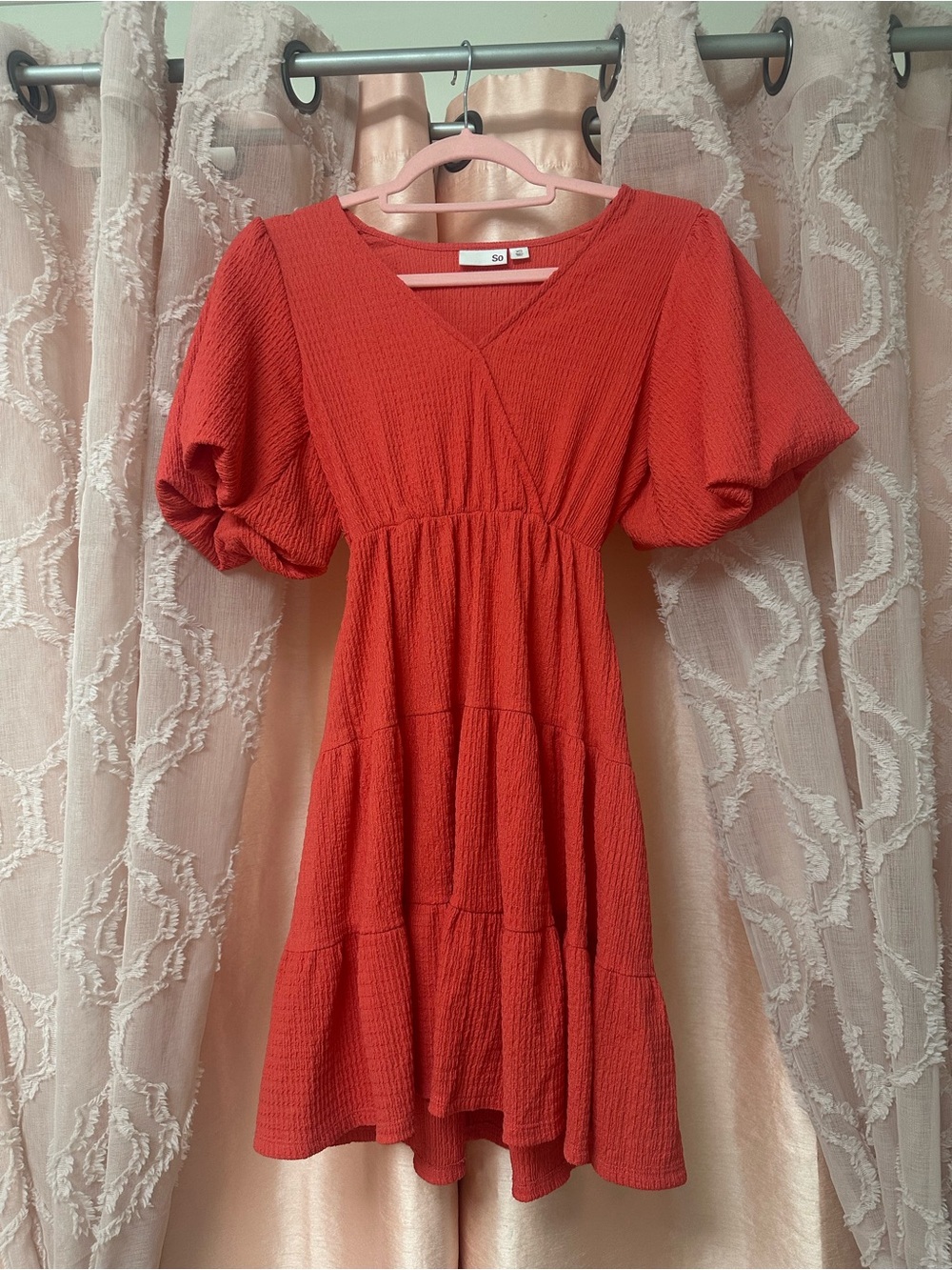 SO Coral-Red Textured Puff-Sleeve Tiered Dress
